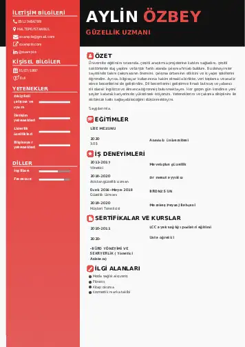 Güzellik Uzmanı Cv Örnekleri  cv indir